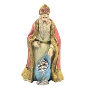 Vintage Saint Nicholas Figurine Bag of Coins Gold Trim Bishop Robe Signed Pucci